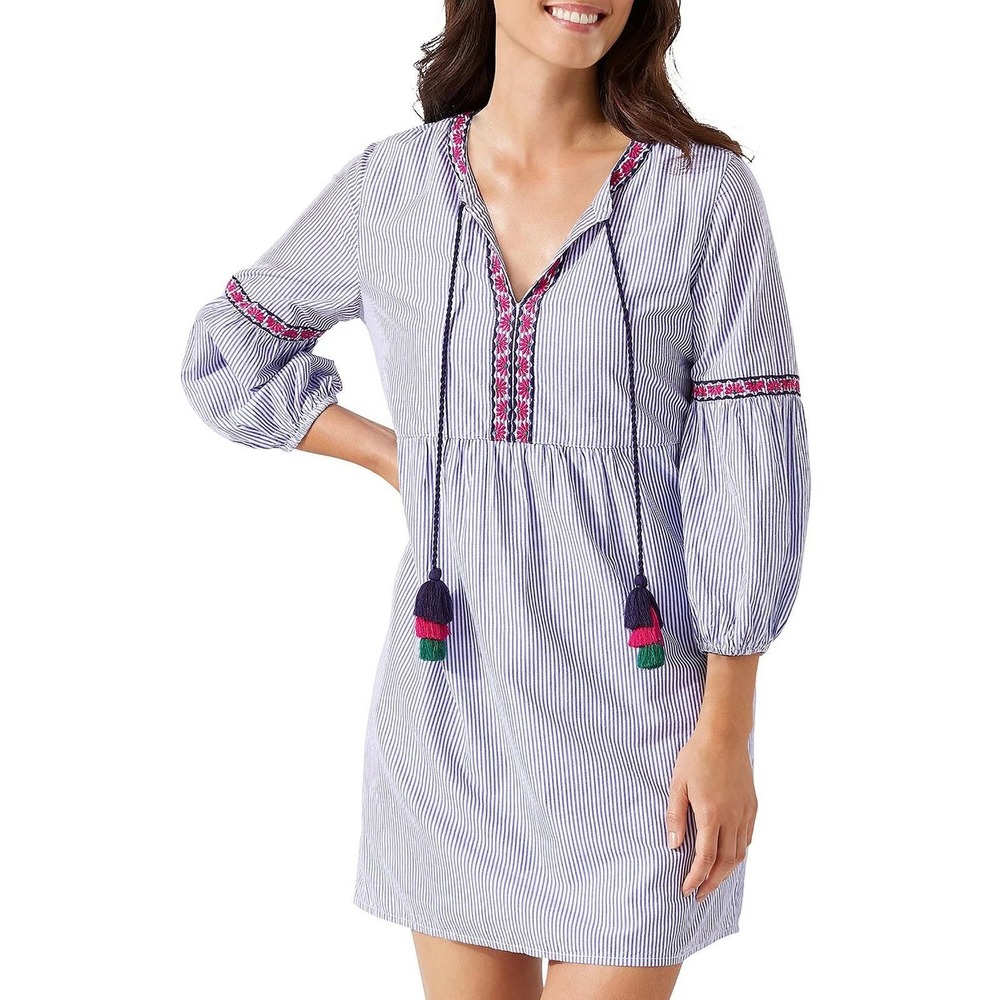 Tommy Bahama Salina Poplin Striped Shirt Dress Small Embroidered Tassel Cover Up